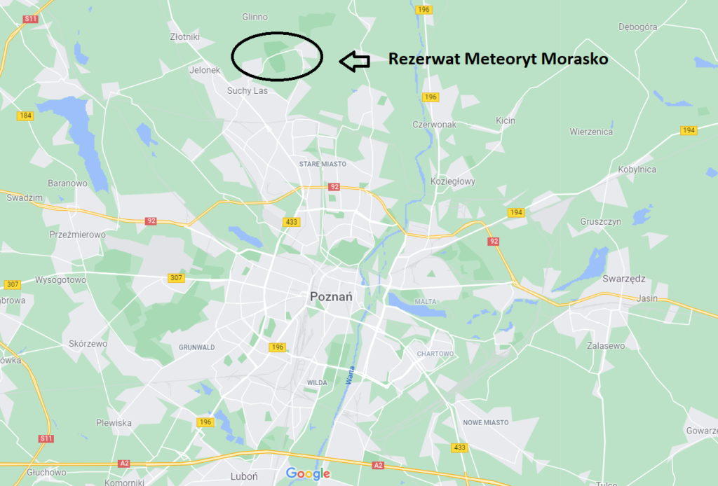 Meteoryt Morasko na mapie Poznania